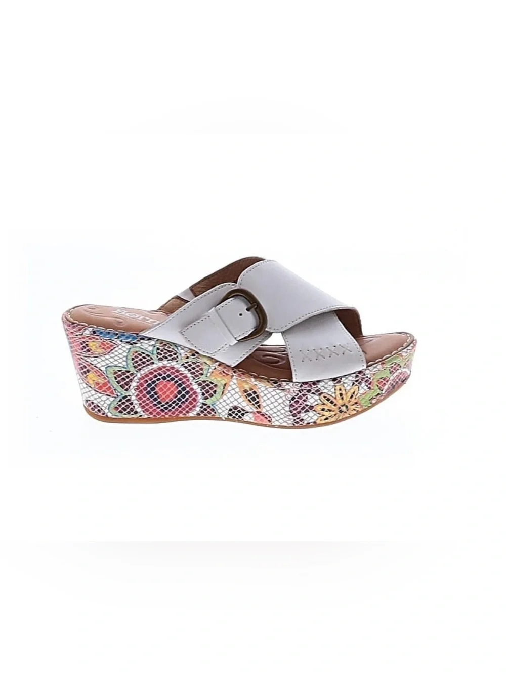 White Slip-On Platform Wedge Sandals w/Brass Buckles and Floral Mosaic Design
